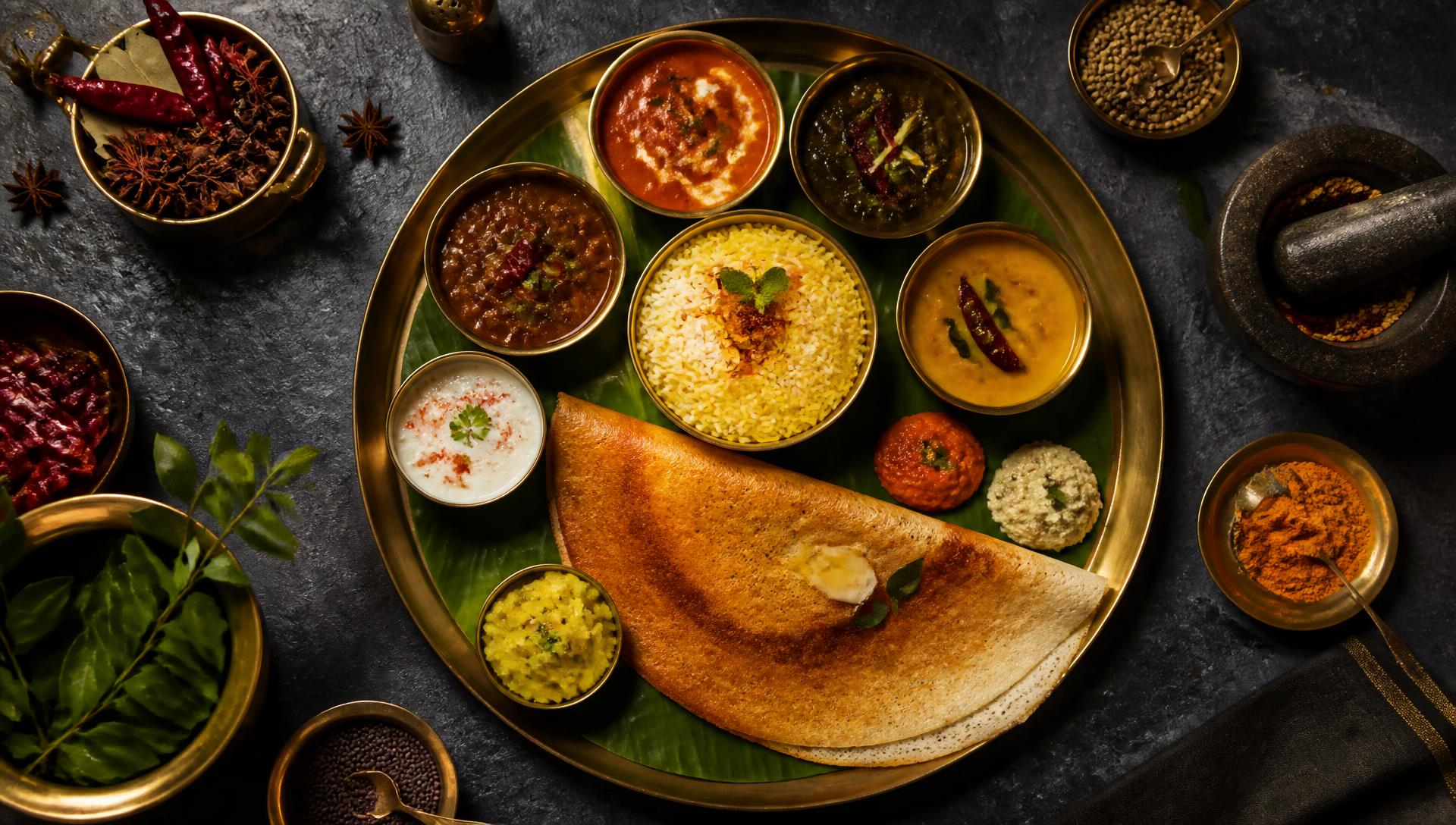 Indian thali with dosa, curries and whole spices
